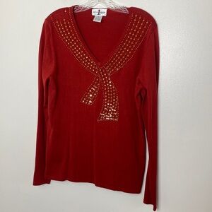 Once Again Red Beaded V-Neck Top size XL